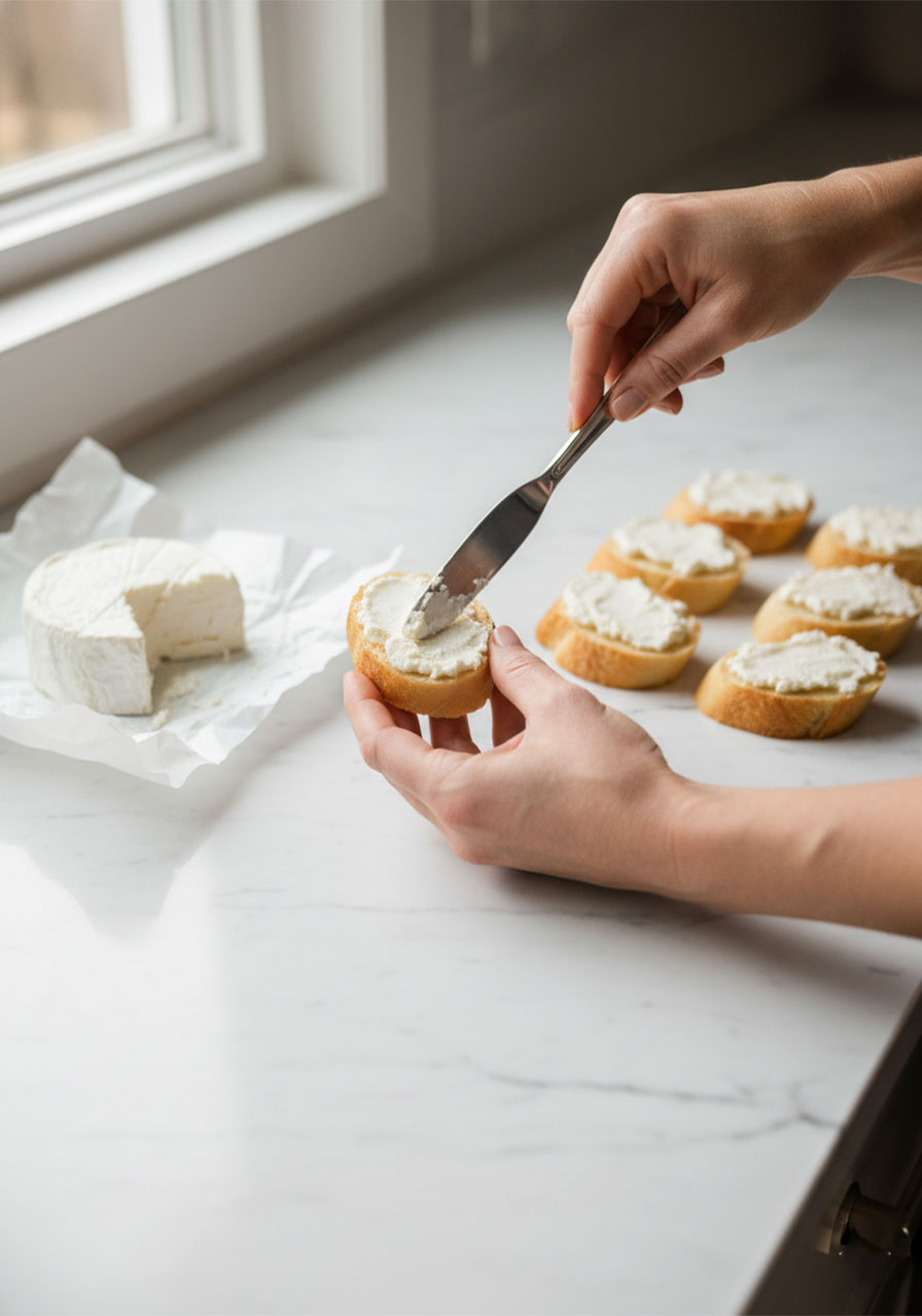 Spreading creamy goat cheese onto toasted baguette rounds when assembling million dollar bacon crostini appetizer