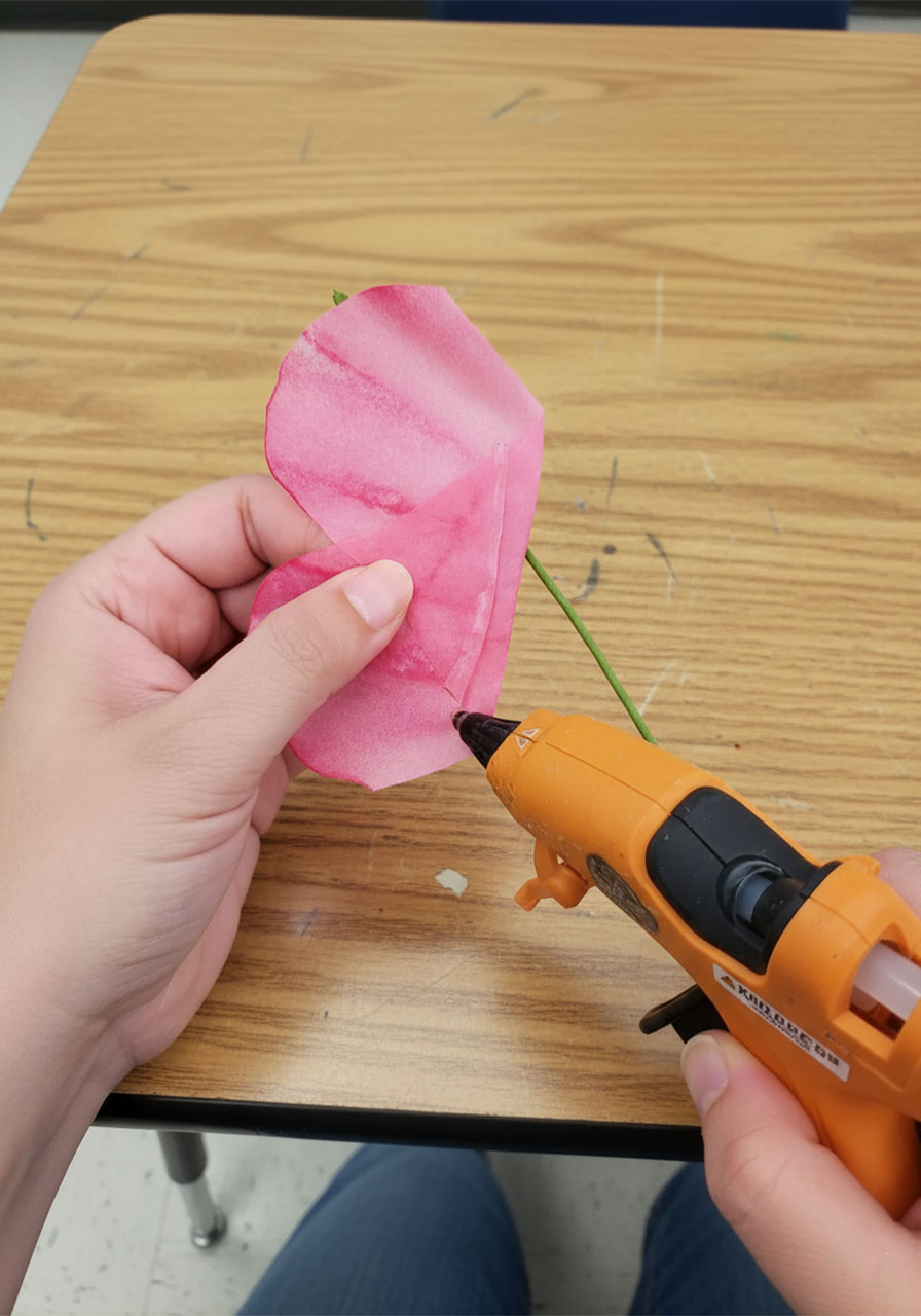 Rolling the first coffee filter petal section tightly around the floral wire stem with a hot glue gun to form the rose center bud step6b