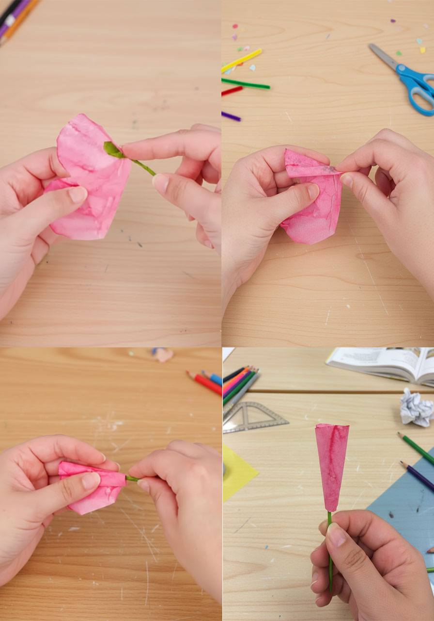 Rolling the first coffee filter petal section tightly around the floral wire stem with a hot glue gun to form the rose center bud step6c