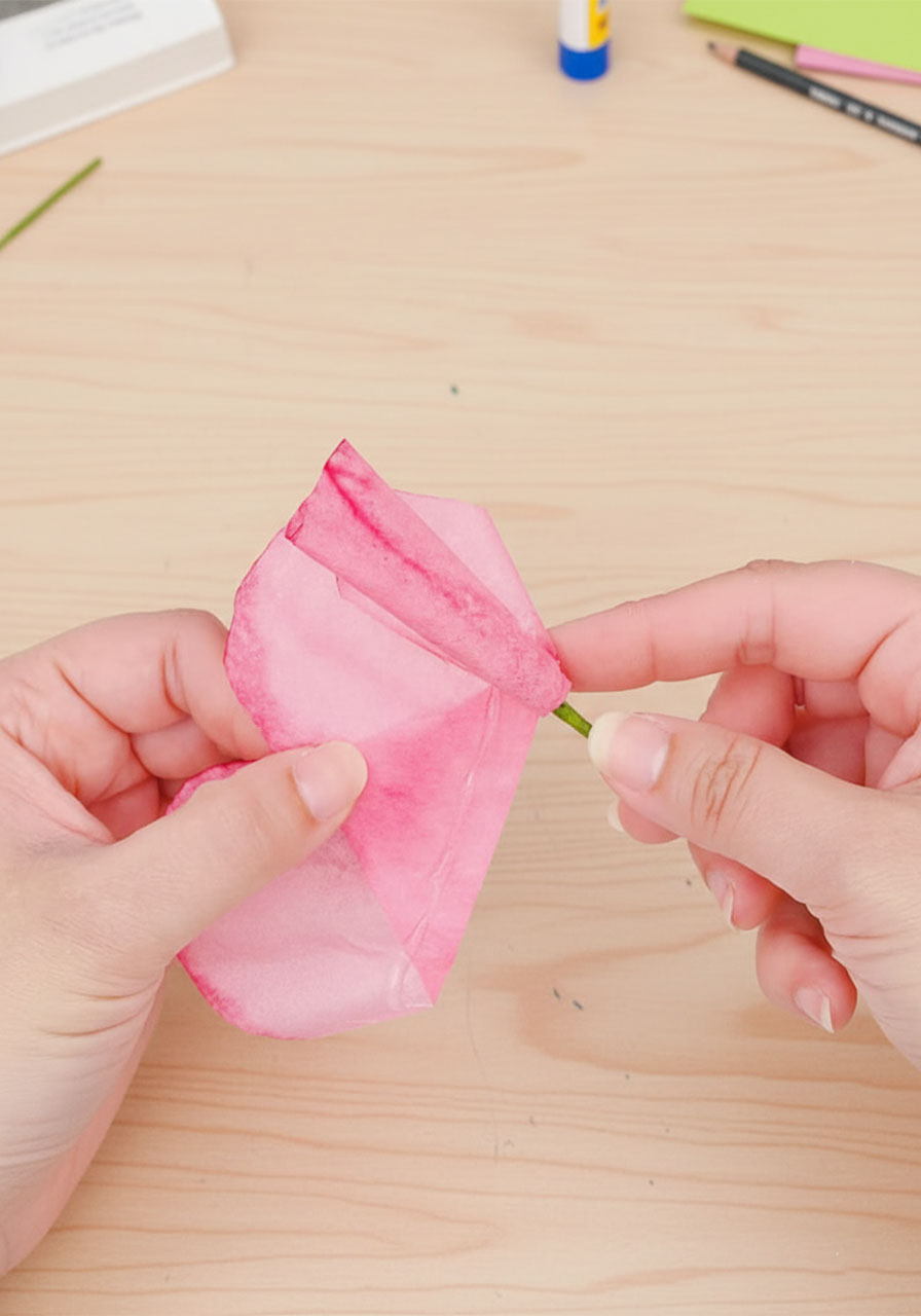 Rolling the first coffee filter petal section tightly around the floral wire stem with a hot glue gun to form the rose center bud step6d