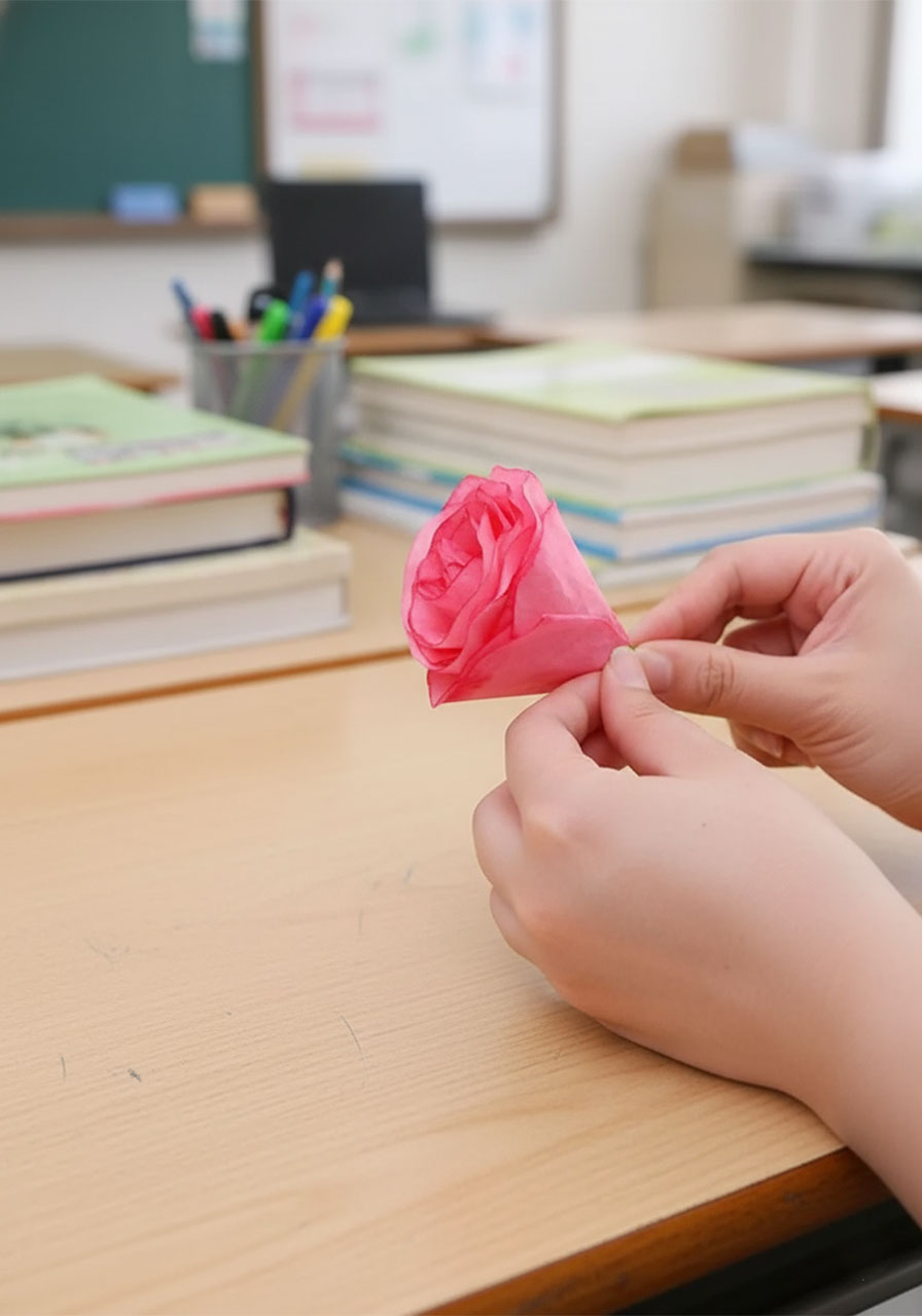 Rolling the first coffee filter petal section tightly around the floral wire stem with a hot glue gun to form the rose center bud step6e
