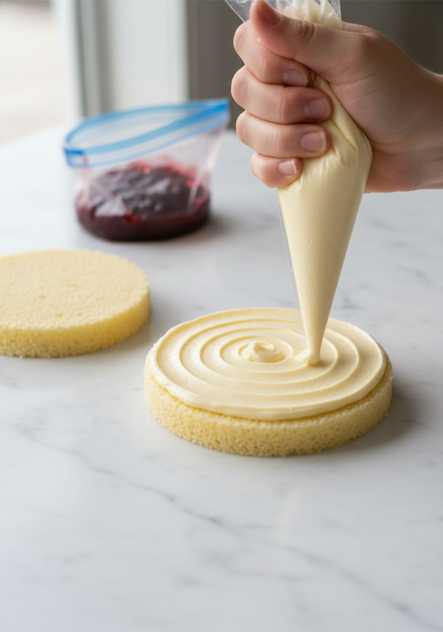 Piping vanilla buttercream onto a pound cake circle while assembling a mini Victoria cake layer by layer