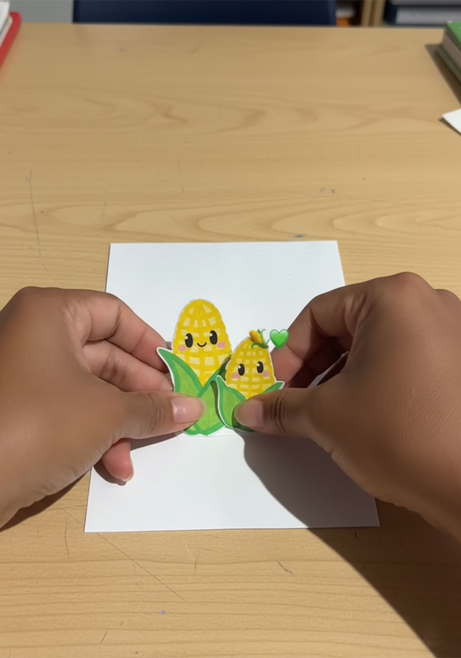 Adult hands gluing corn character cutouts onto pop-up tab while assembling Father's Day card interior step 5a