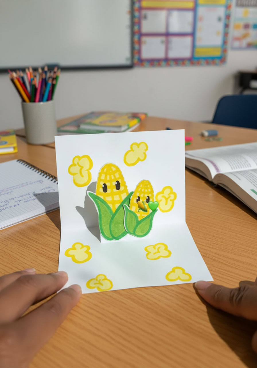 Adult hands gluing corn character cutouts onto pop-up tab while assembling Father's Day card interior step 5b