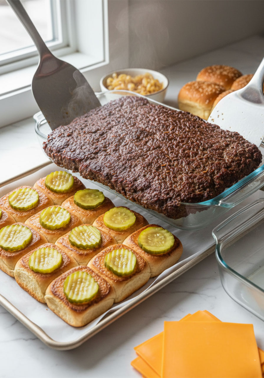 Assembling sheet pan burger sliders by layering pickles, beef slab, and cheese on toasted Hawaiian roll bottoms
