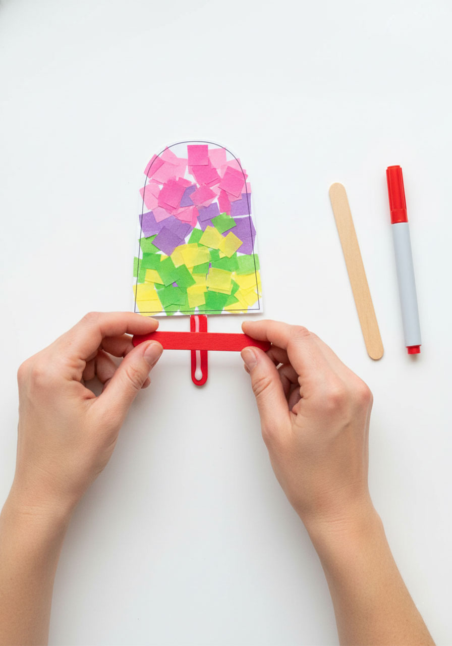 Attaching colored craft stick to back of completed tissue paper popsicle summer craft for kids