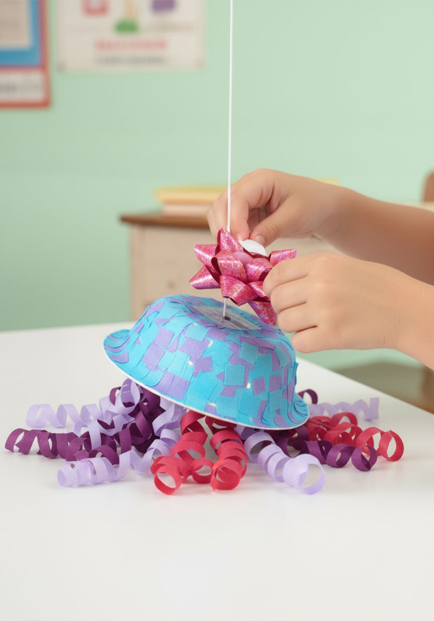 Child attaching self-adhesive curly gift bow inside paper bowl to create jellyfish tentacles