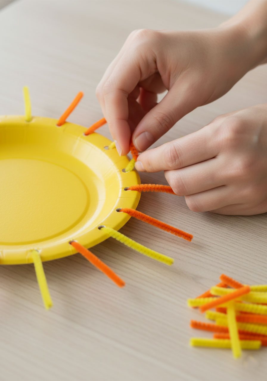 Step by step attaching yellow and orange pipe cleaners to paper plate holes to create sun rays for kids threading craft