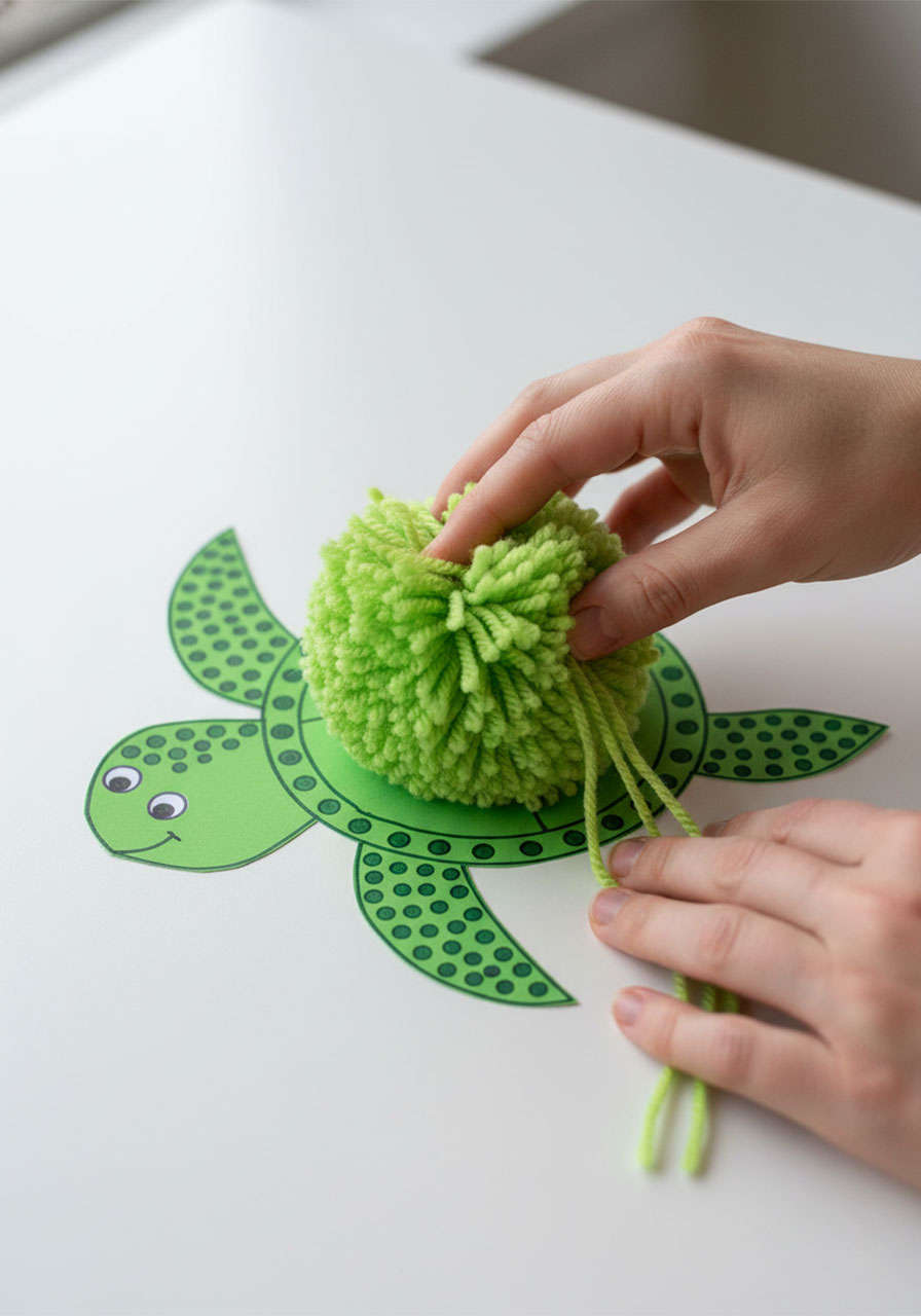 Attaching fluffy green yarn pom pom to paper turtle body cutout in final step of yarn turtle craft