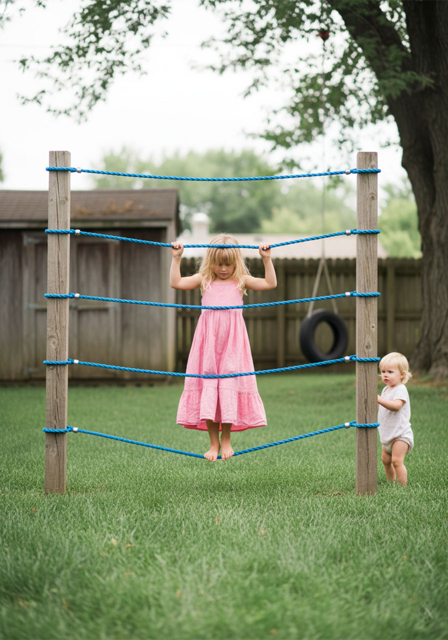 Children climbing and balancing on backyard rope bridge obstacle course between wooden posts on green grass