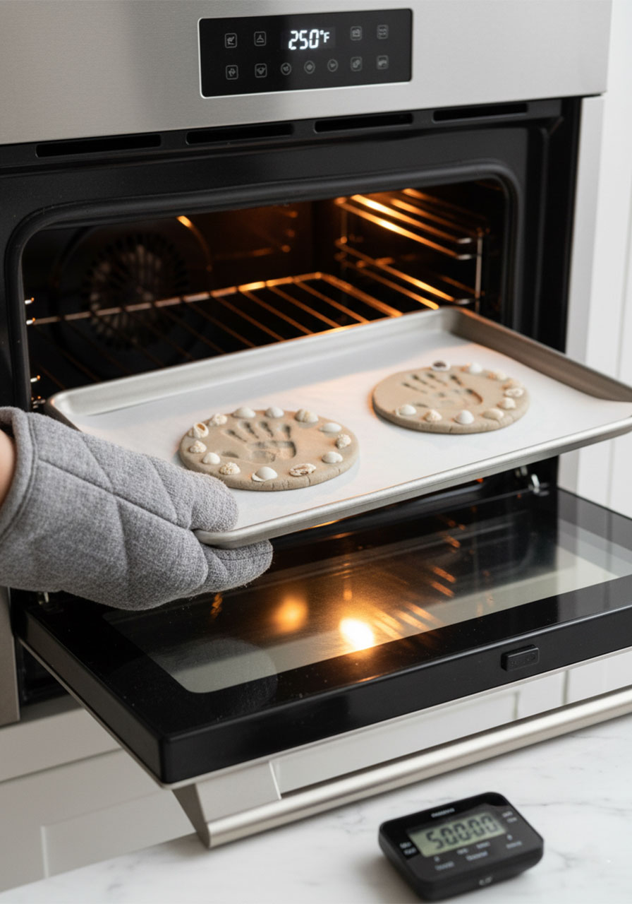 Adult placing decorated sand clay handprint keepsakes on baking sheet into oven set to 250°F for 5 hours