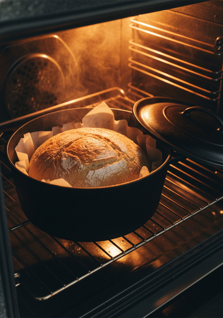 No knead gluten free bread baking inside black Dutch oven on parchment paper with golden crust forming