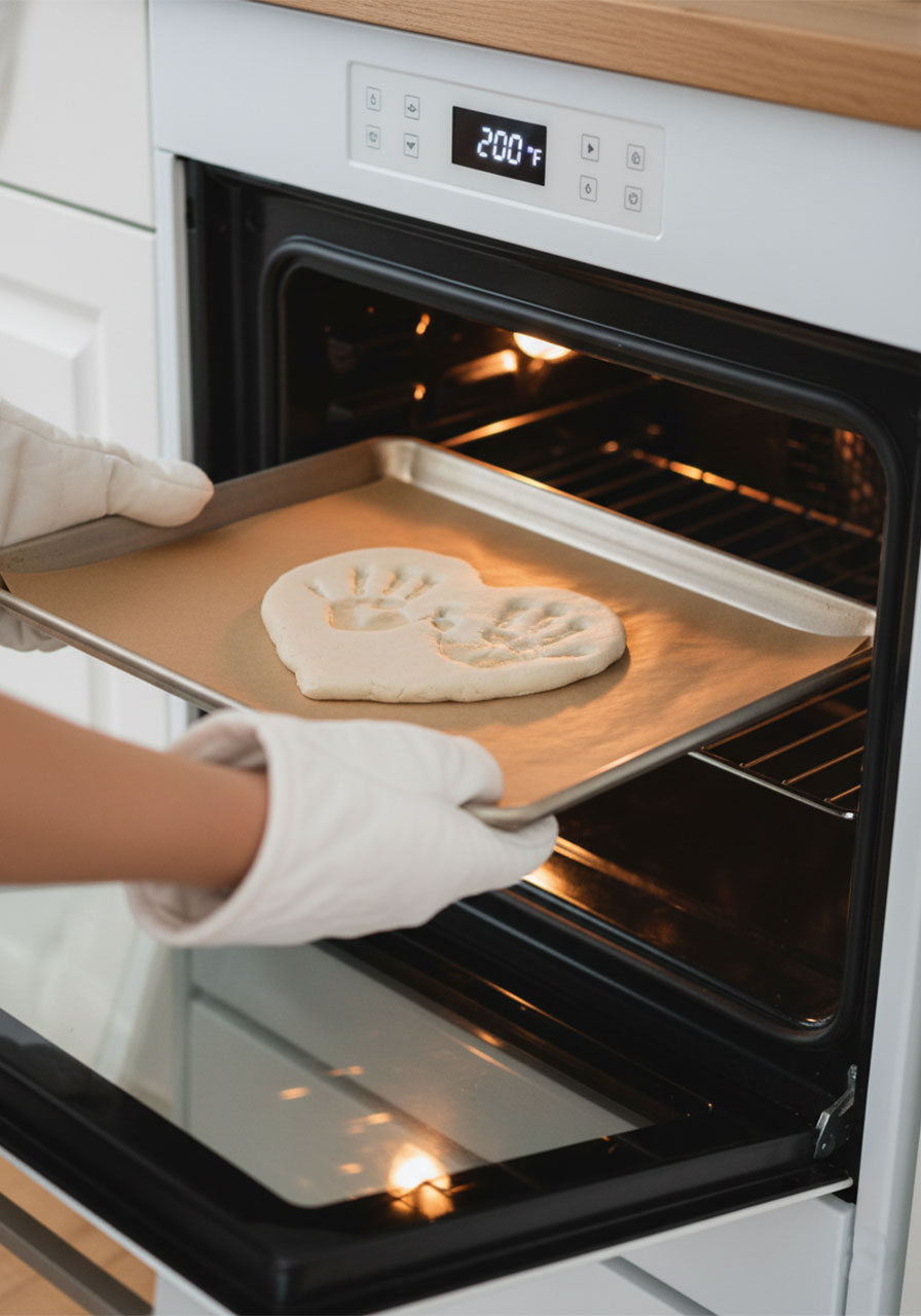 Salt dough heart keepsake being placed in the oven at 200 degrees Fahrenheit on a parchment-lined baking sheet for Father's Day craft