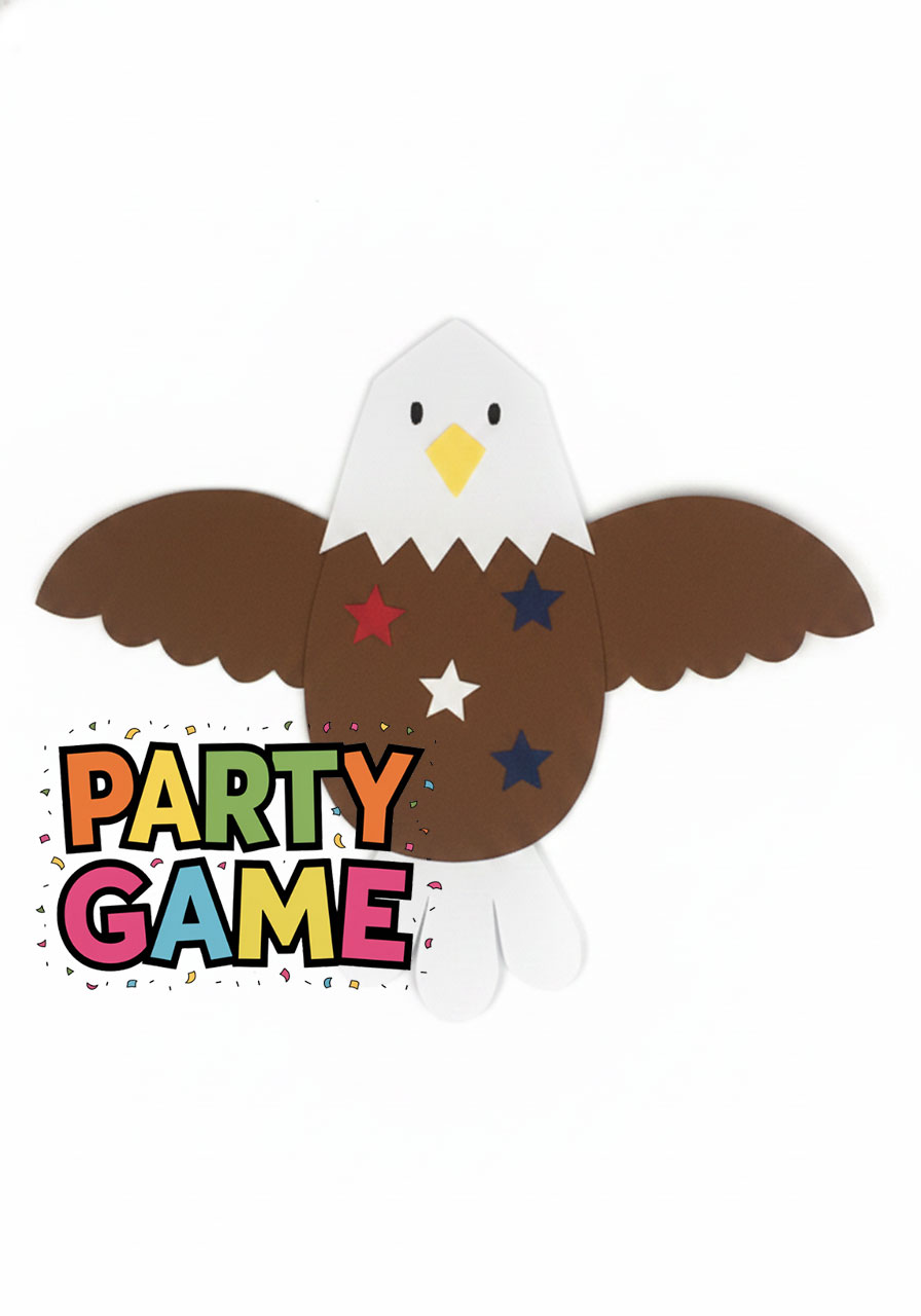 Finished bald eagle paper craft for kids with red white and blue stars on brown cardstock body