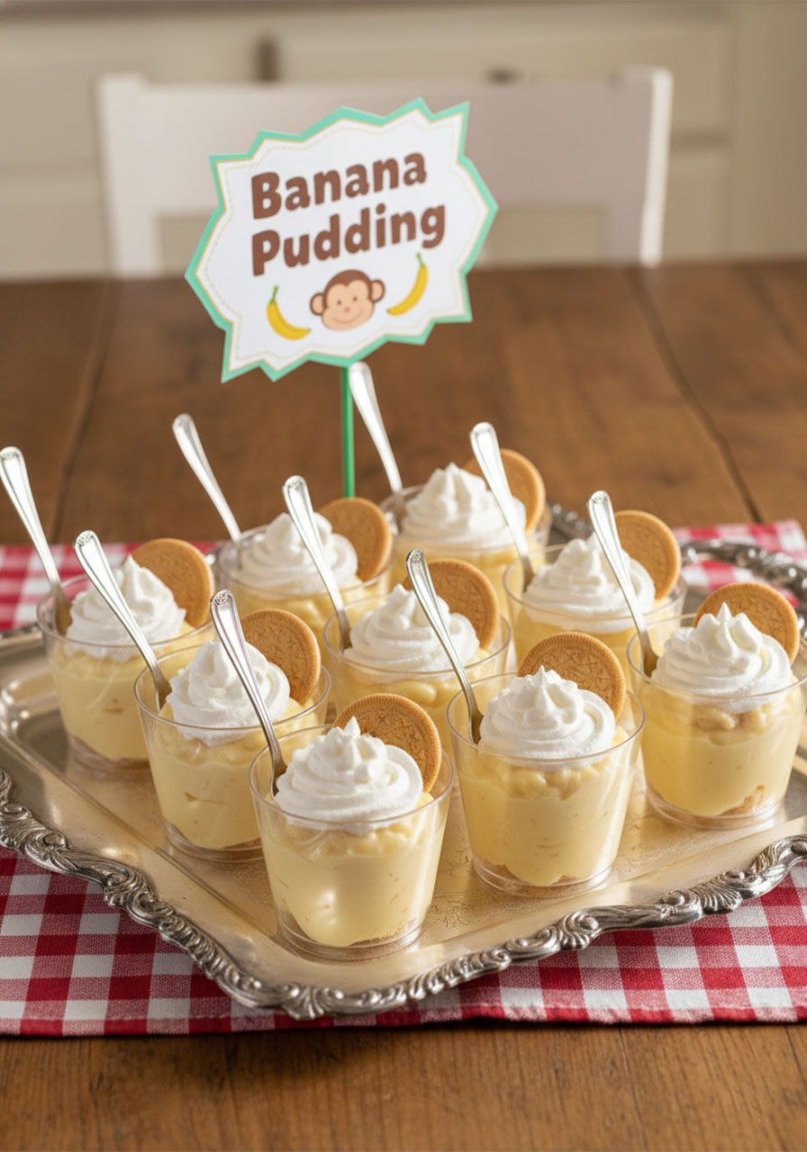 Individual banana pudding cups with whipped cream and Nilla wafers on silver tray with monkey sign, fun zoo party dessert for kids birthday	
