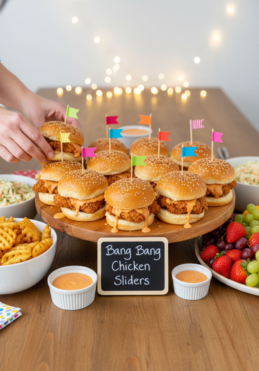 Full party table spread with bang bang chicken sliders on Hawaiian rolls alongside fries, coleslaw, and dipping sauce