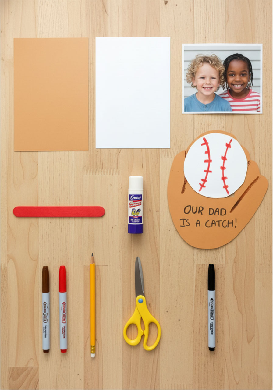 All craft supplies needed for the baseball glove Father's Day card DIY including cardstock, craft stick, glue, scissors, and markers