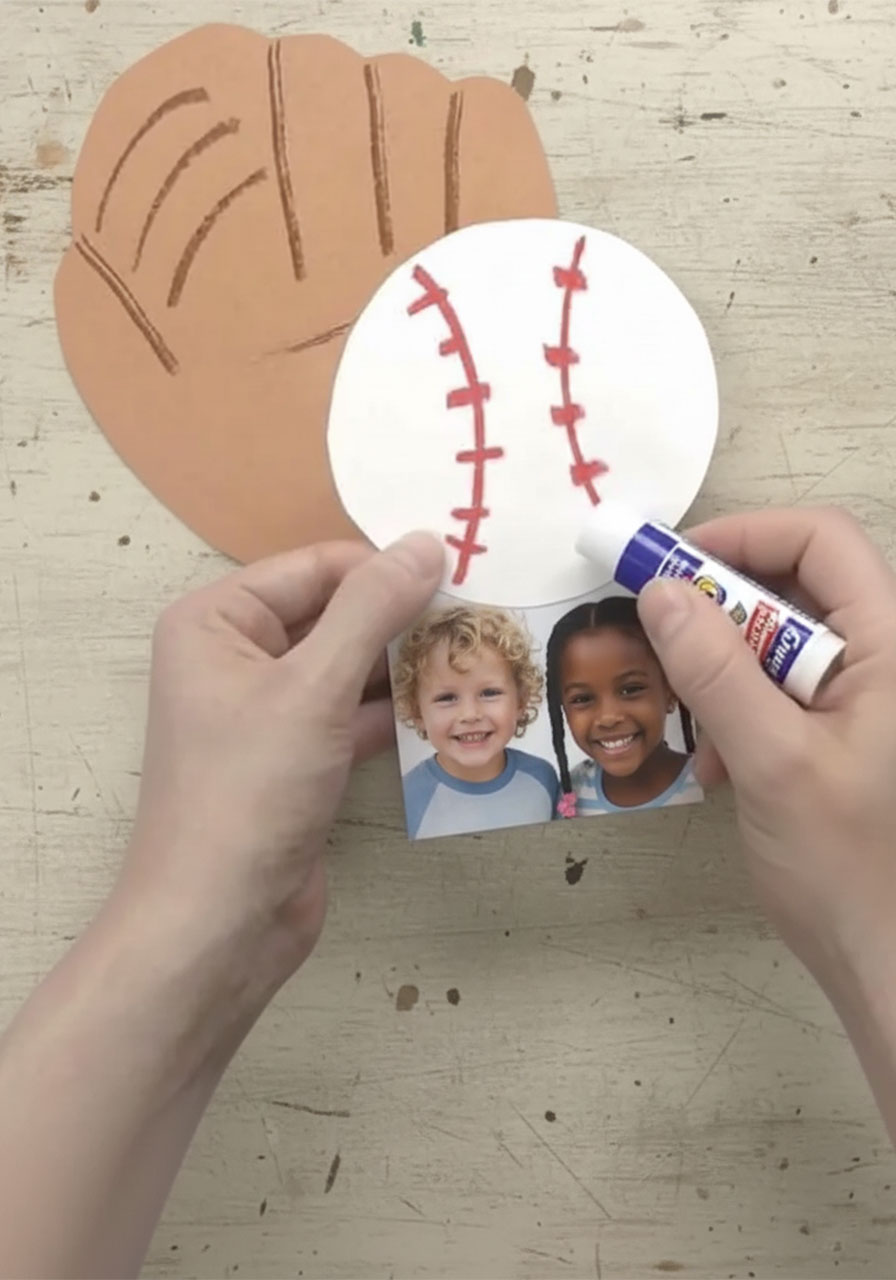 Step-by-step photo showing how to glue the kids' photo to the back of the cardstock baseball circle for the pop-up card
