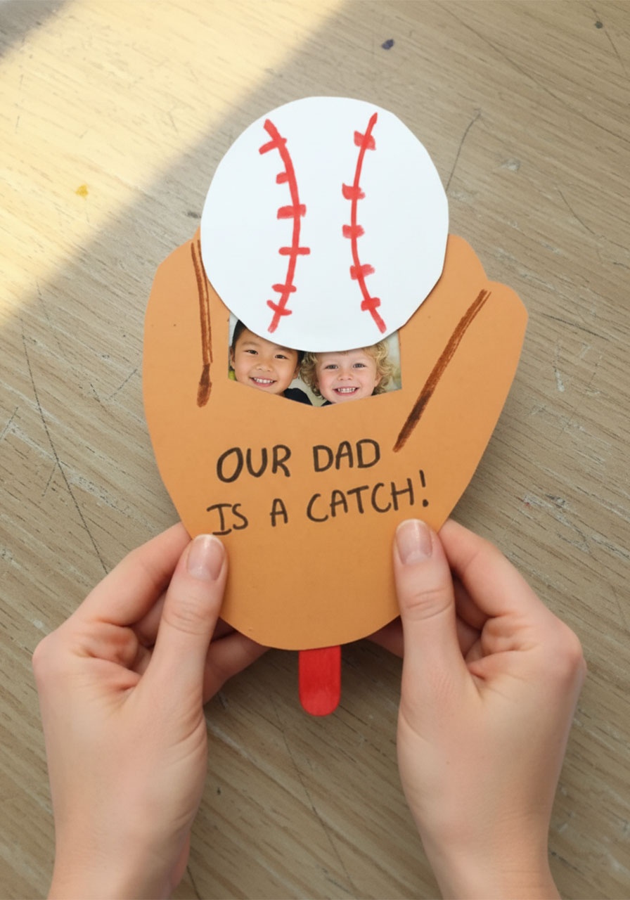 Baseball glove pop-up Father's Day card revealing kids' photo surprise when craft stick is pushed up