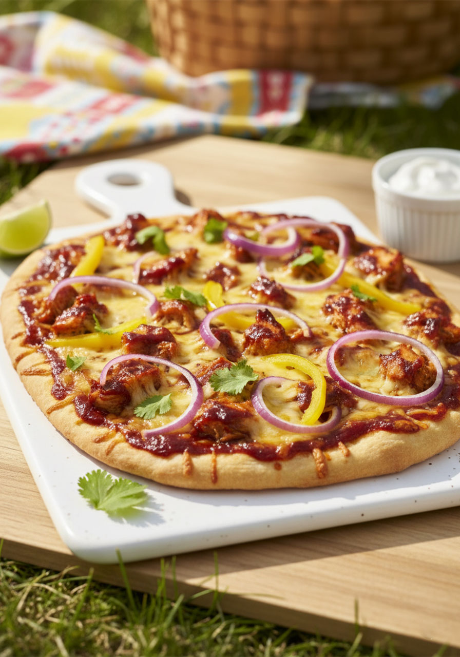 Crispy BBQ chicken flatbread topped with shredded chicken, melted mozzarella, red onion, and fresh cilantro on a white serving board