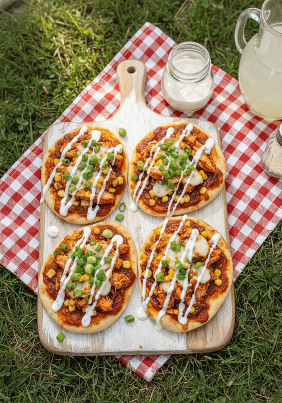 Four mini BBQ ranch chicken flatbreads topped with corn, shredded chicken, mozzarella, and ranch drizzle on a whitewashed wood board