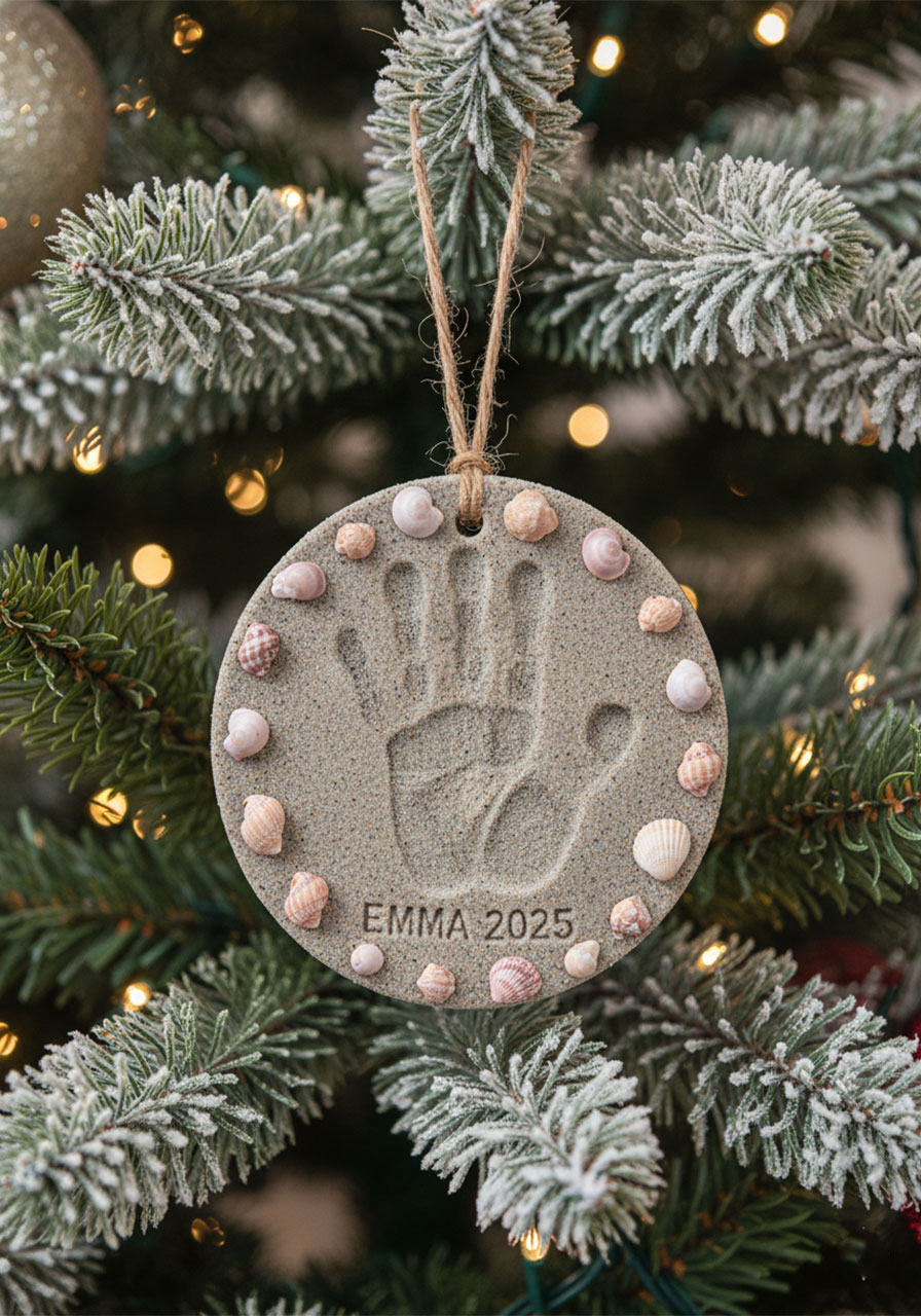 DIY beach sand handprint keepsake hung as Christmas tree ornament with jute twine on evergreen branch