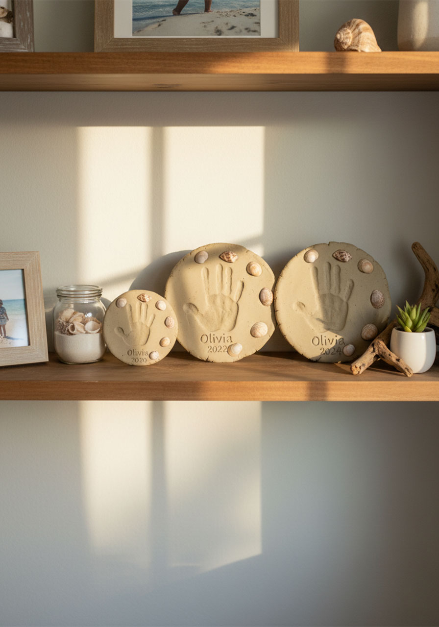 Three DIY beach sand handprint keepsakes from different years displayed on coastal-themed shelf as family heirloom