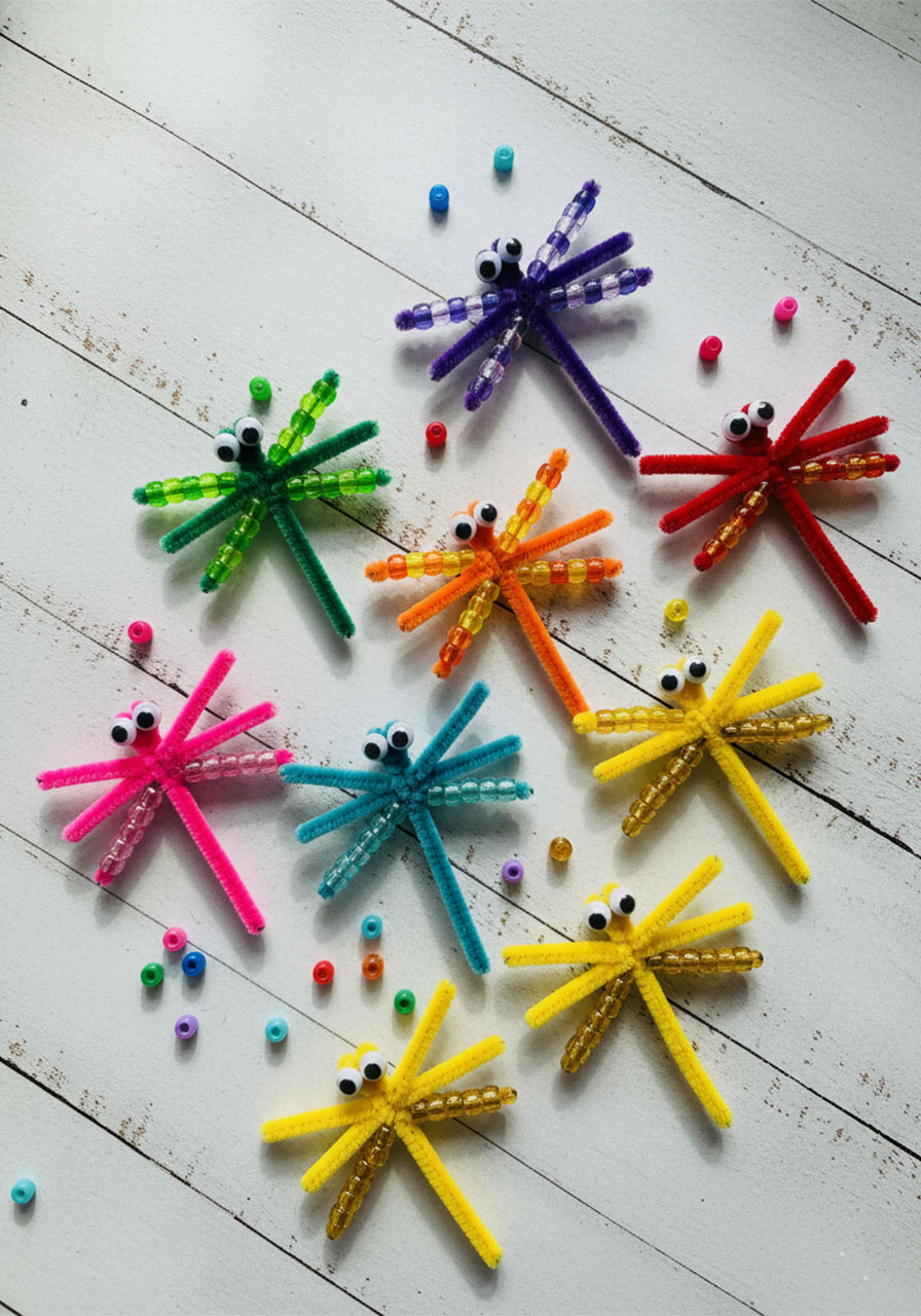 Eight beaded pipe cleaner dragonflies in different color combinations showing rainbow of color ideas - option A