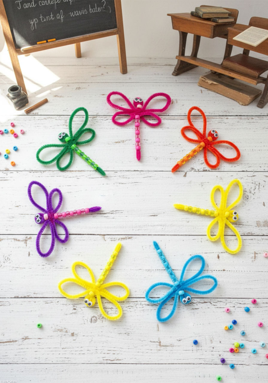 Six completed beaded pipe cleaner dragonflies in different colors displayed on white wood surface