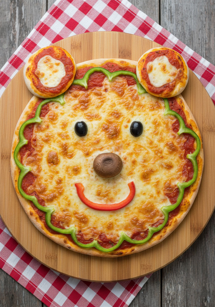 Homemade bear face pizza with olive eyes mushroom nose and pepper smile on wooden board, creative animal themed birthday party food for kids	