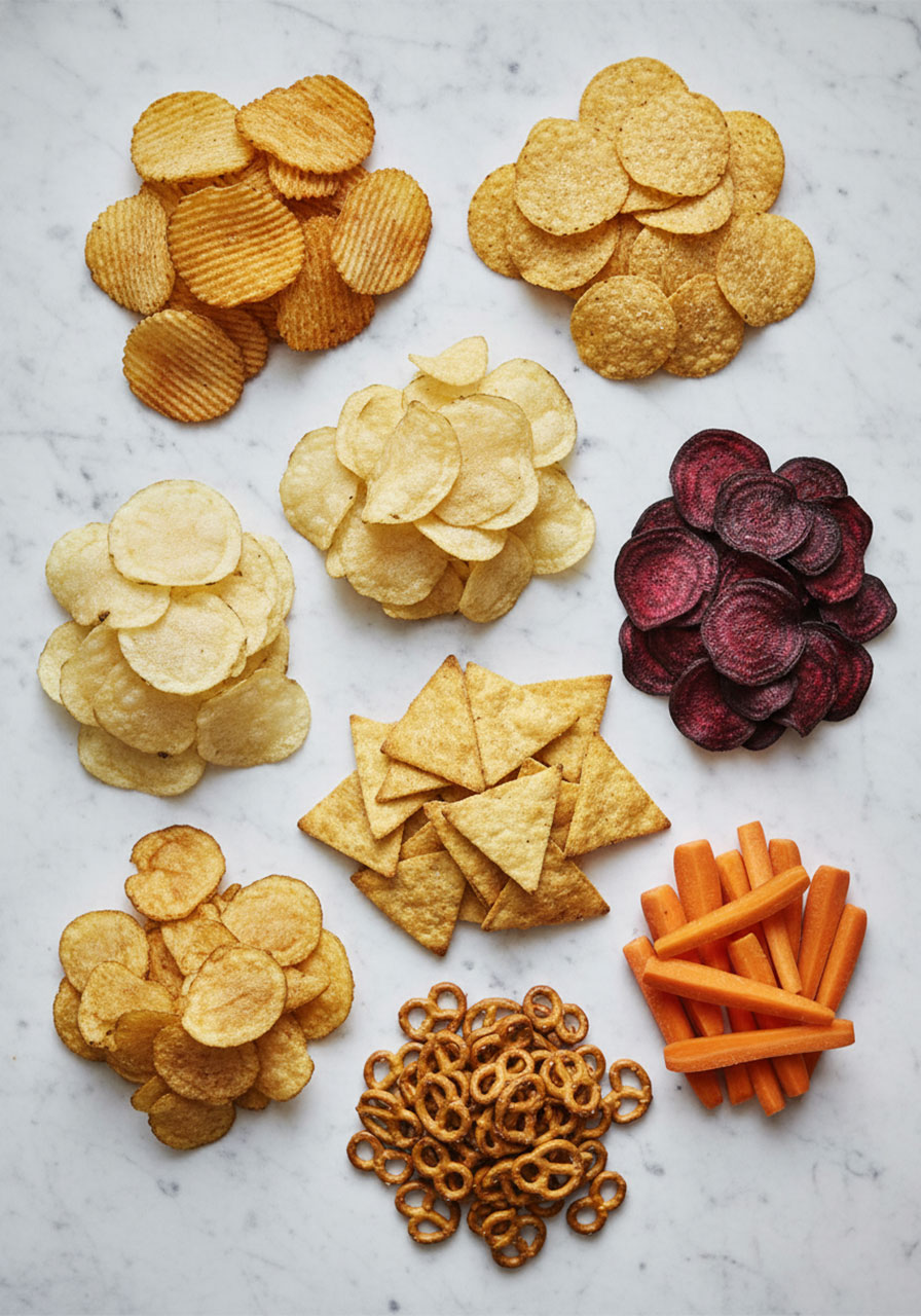 Eight chip varieties for a chips and dip platter including crinkle chips, corn chips, pita chips, vegetable chips, and pretzels arranged on a white surface