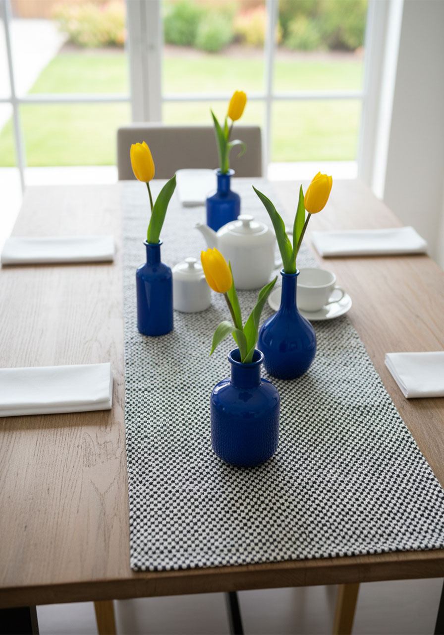 Modern black and white polka dot table runner for a contemporary tea party decoration idea.