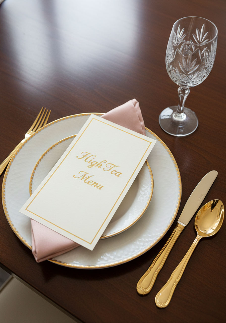 Sophisticated blush and gold high tea place setting with a custom printed menu card.
