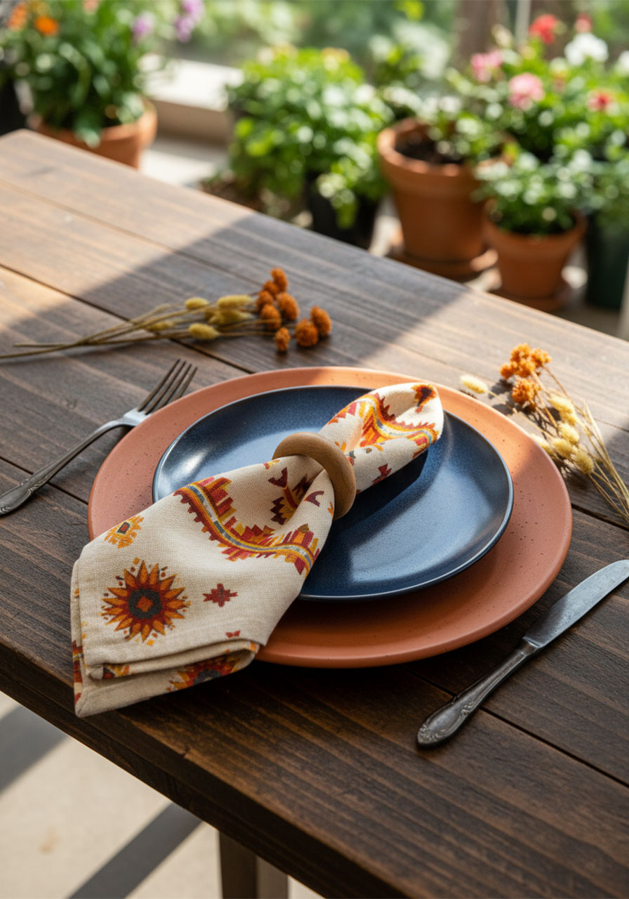 Modern boho tea party decorations featuring navy blue and burnt orange table settings.