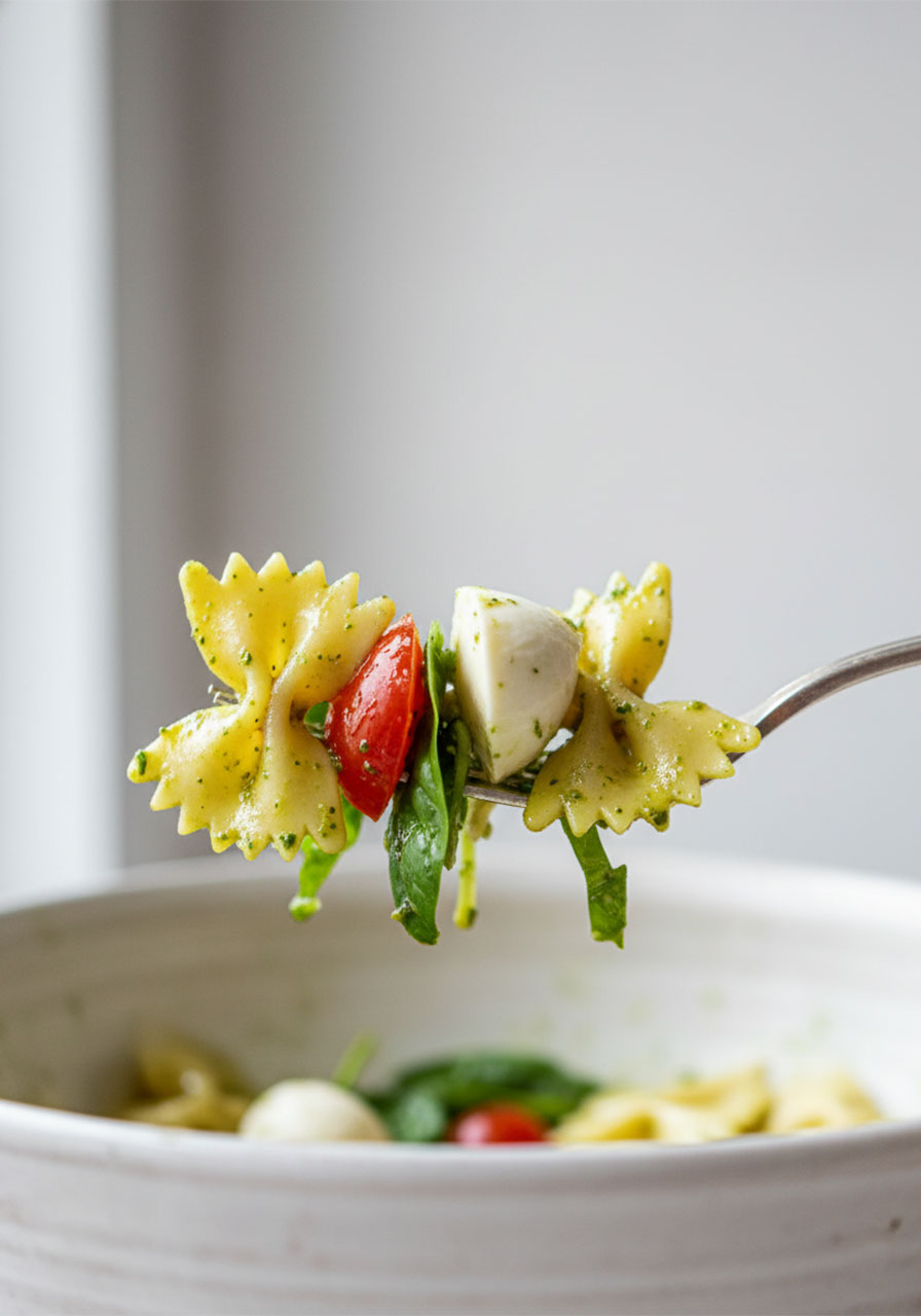 Close-up of a fork lifting bow tie pasta salad with bocconcini cheese, cherry tomato, and pesto dressing from a white bowl