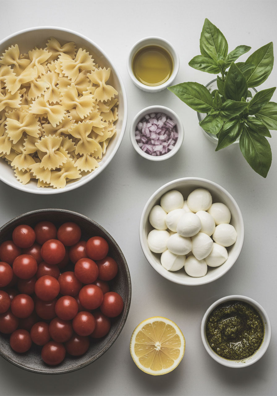 Bow tie pasta salad ingredients laid out flat — farfalle pasta, cherry tomatoes, bocconcini cheese, fresh basil, pesto, olive oil, and lemon