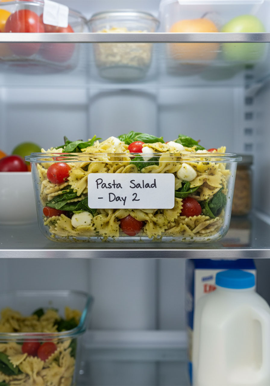 Bow tie pasta salad stored in a clear airtight container in the refrigerator for easy make-ahead meal prep — stays fresh for up to 5 days