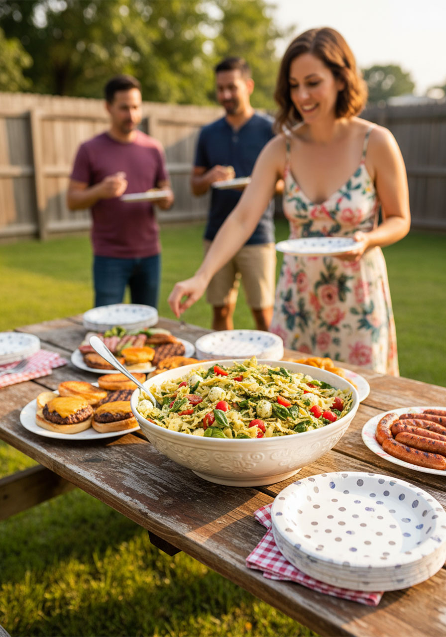 Bow tie pasta salad served at an outdoor BBQ party potluck alongside burgers and sausages — perfect easy party food for a crowd