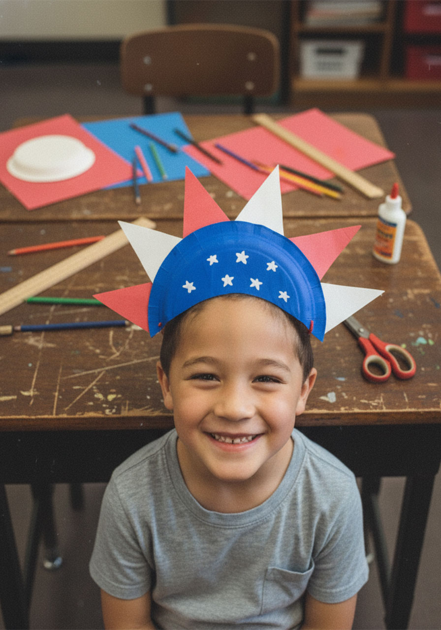 Young boy wearing completed patriotic paper plate hat craft with blue base, white stars, and red and white crown spikes outdoors for Fourth of July celebration