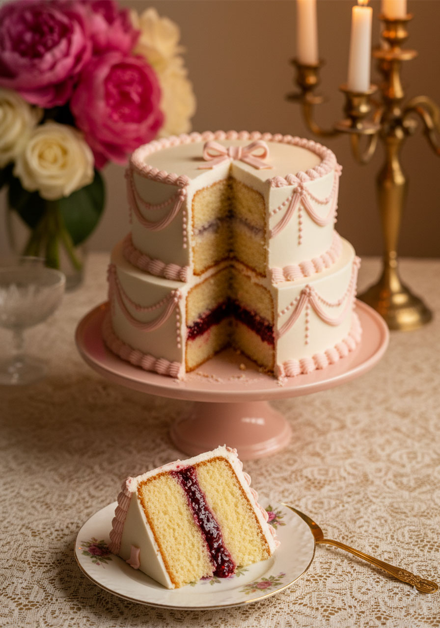 Bridgerton party cake slice showing vanilla sponge layers with raspberry jam filling and pink buttercream frosting
