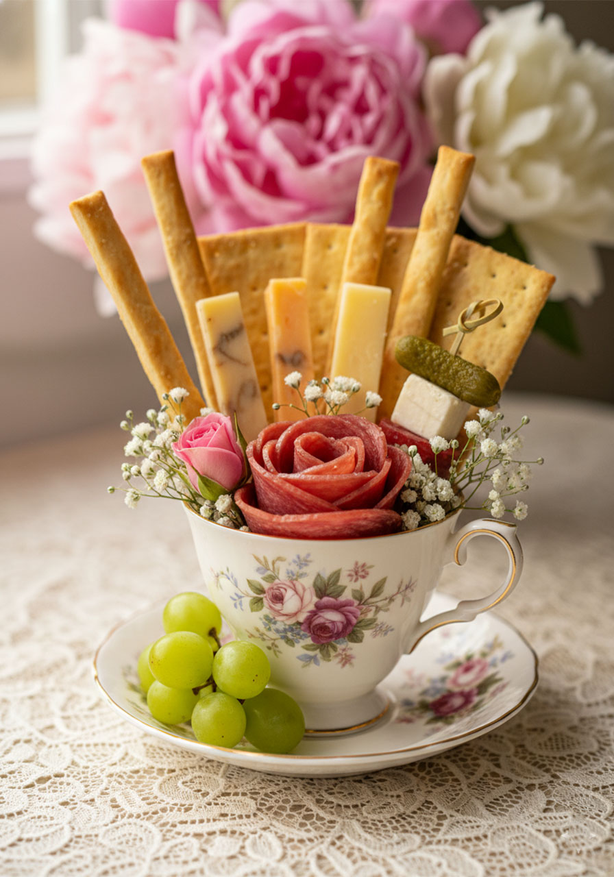 Bridgerton party CharcuterTEA cup with salami rose, cheese, crackers, grapes, and baby's breath in a vintage floral teacup