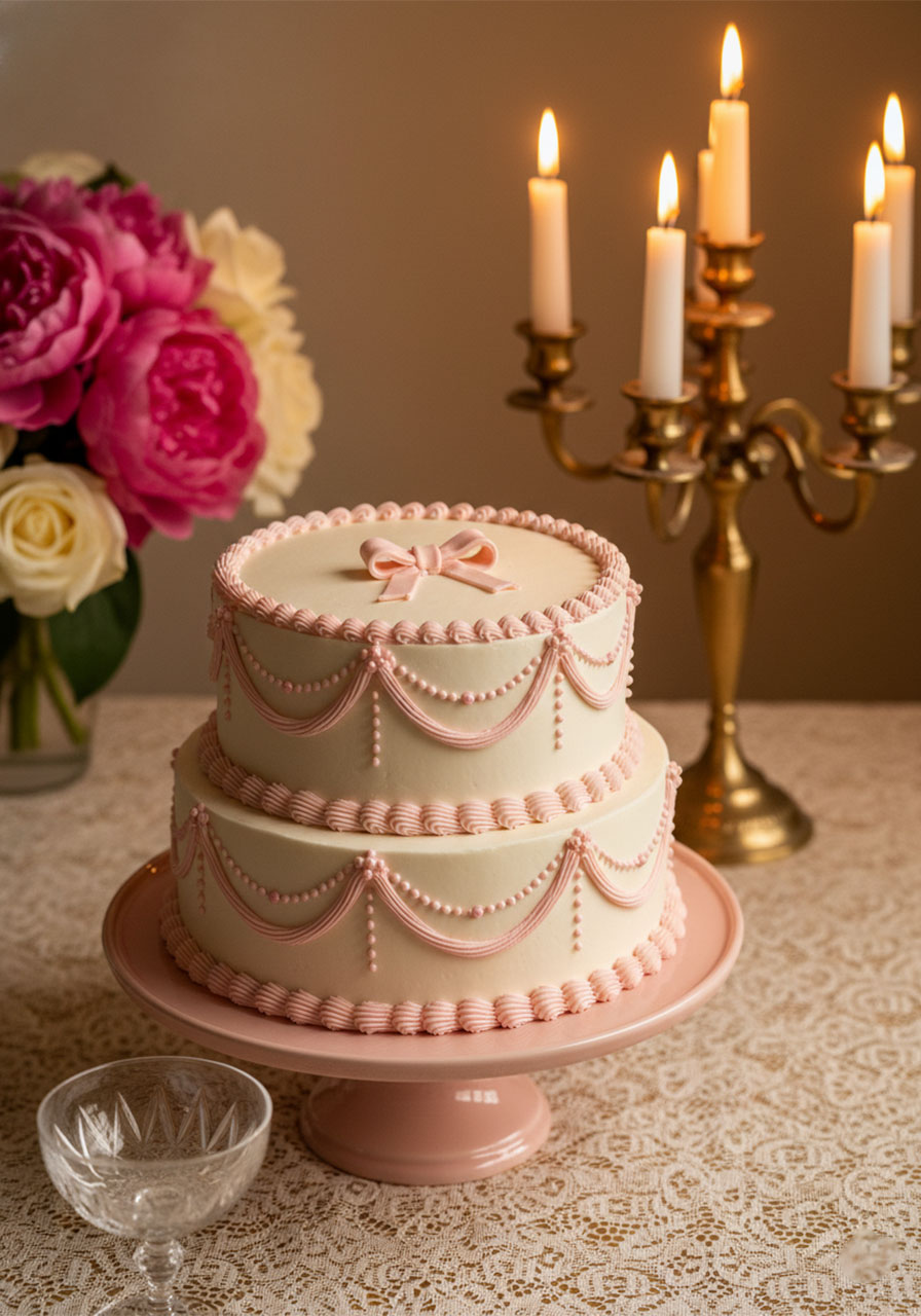 Bridgerton inspired vintage two-layer cake with pink piped shell borders and swag garlands on blush pink cake stand