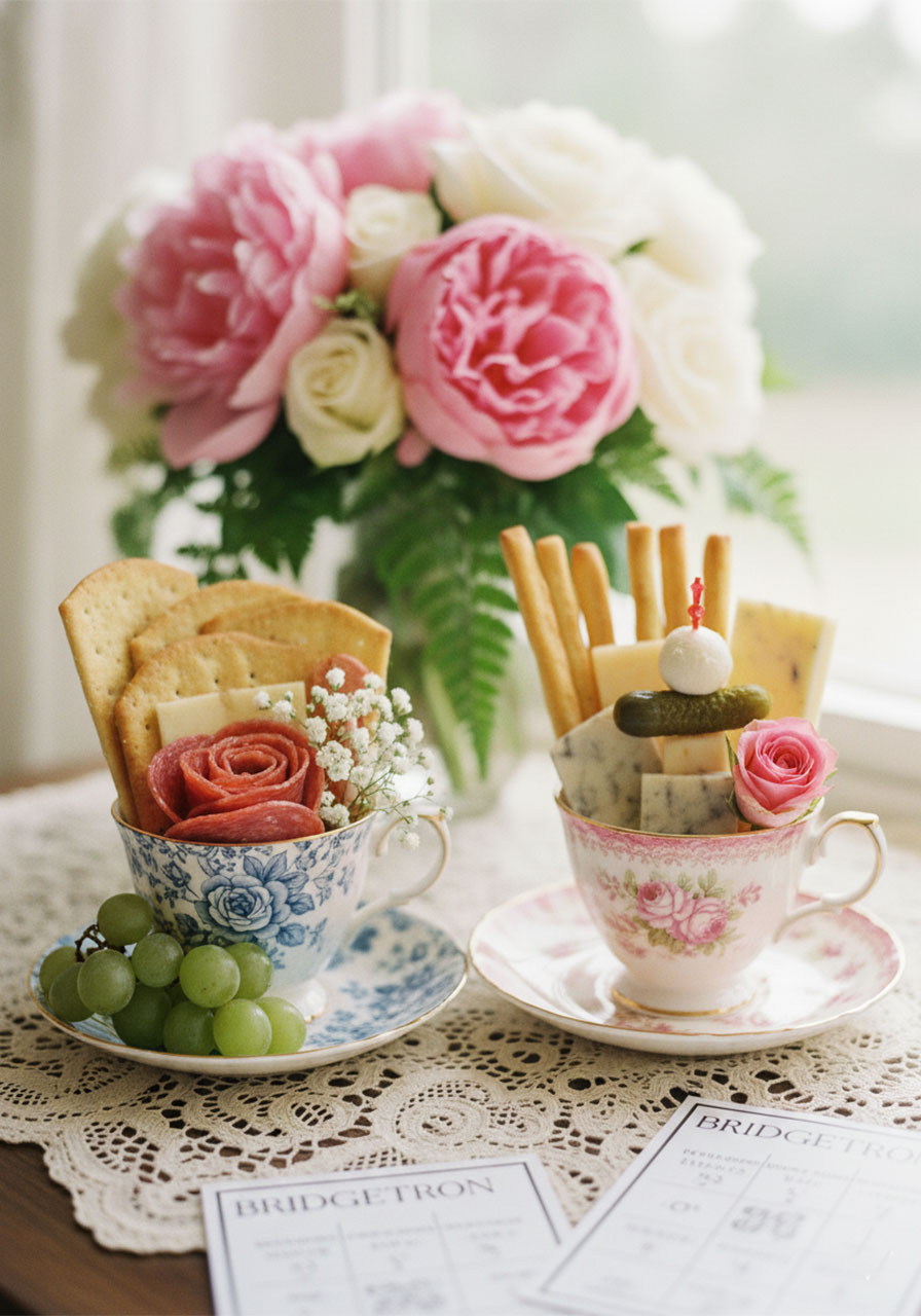 Two mismatched vintage floral teacups filled with Bridgerton party CharcuterTEA charcuterie arrangements on lace tablecloth