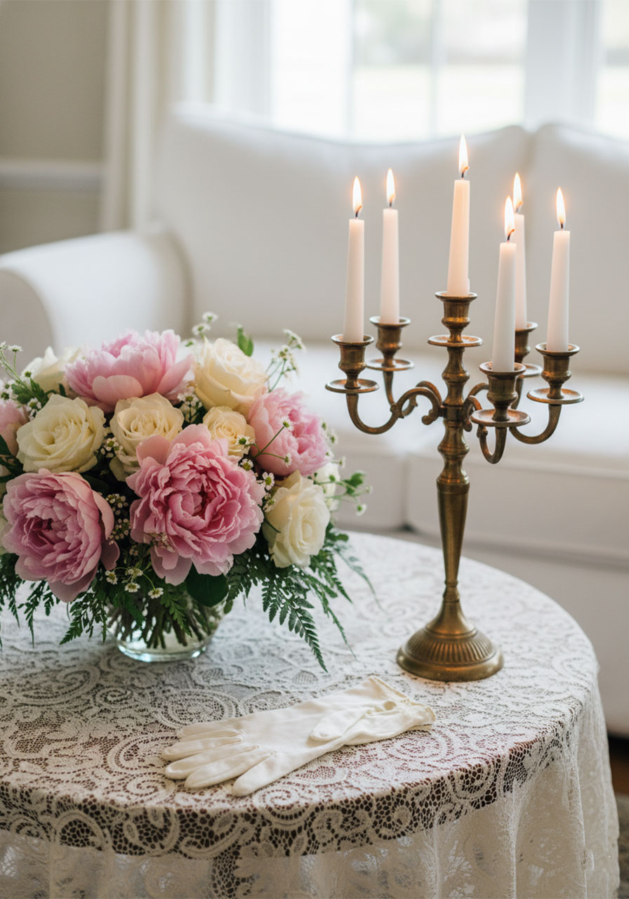 Bridgerton party décor with pink peonies, brass candelabra, and vintage white gloves on lace tablecloth