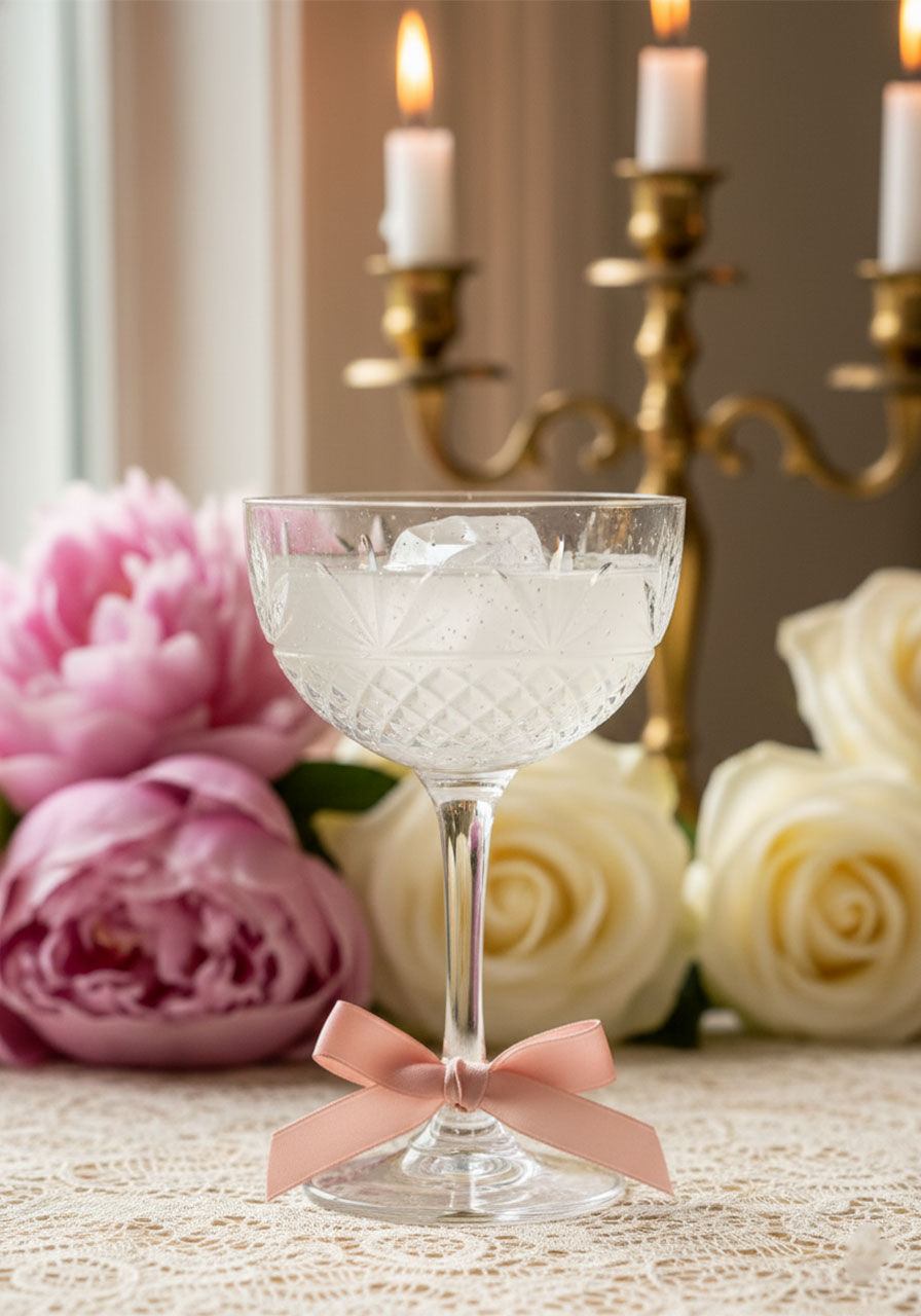 Bridgerton Sparkling Diamond cocktail in crystal champagne coupe with diamond ice cube, pink ribbon bow, and edible glitter