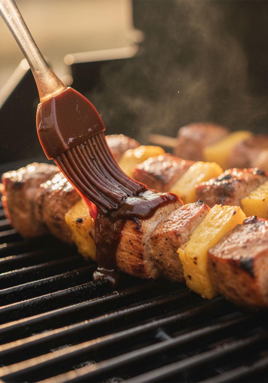 Silicone brush applying sticky BBQ glaze onto grilled pineapple pork skewers on the grill grate — final caramelized glaze step