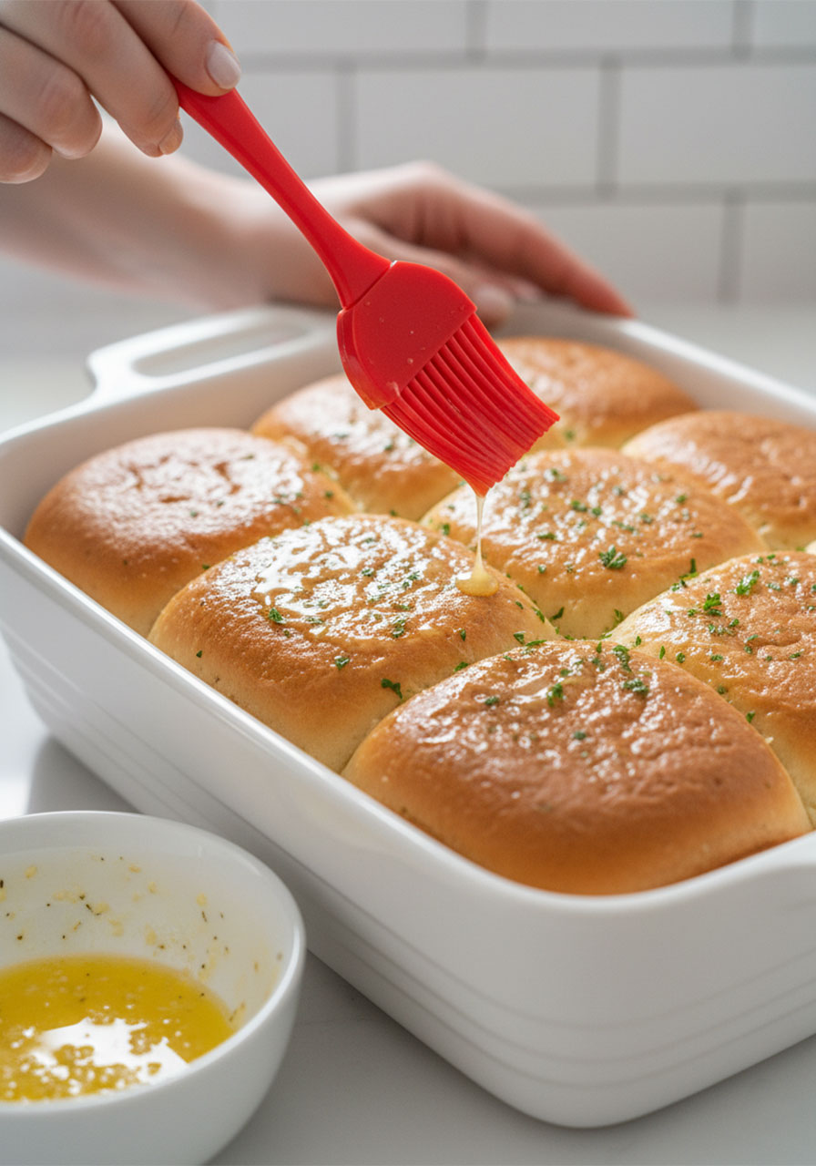 Brushing seasoned garlic herb butter over mini Hawaiian roll grilled cheese sliders before baking