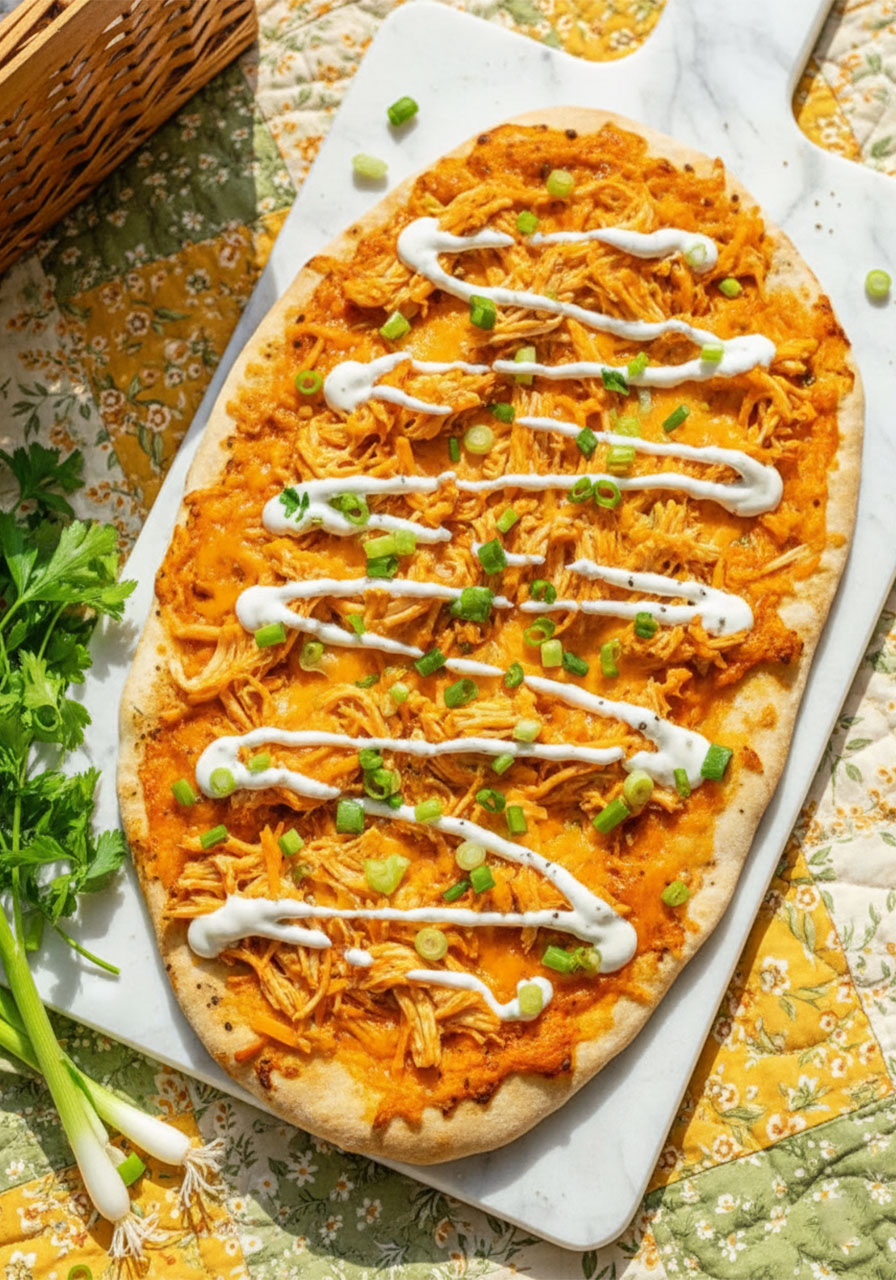 Overhead view of buffalo chicken flatbread with shredded chicken, cheddar cheese, ranch drizzle, and green onions on a marble board