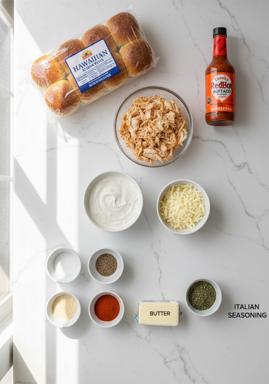 All ingredients for buffalo chicken sliders including Frank's hot sauce, ranch, Hawaiian rolls, shredded chicken, and Colby Jack cheese laid flat on marble countertop