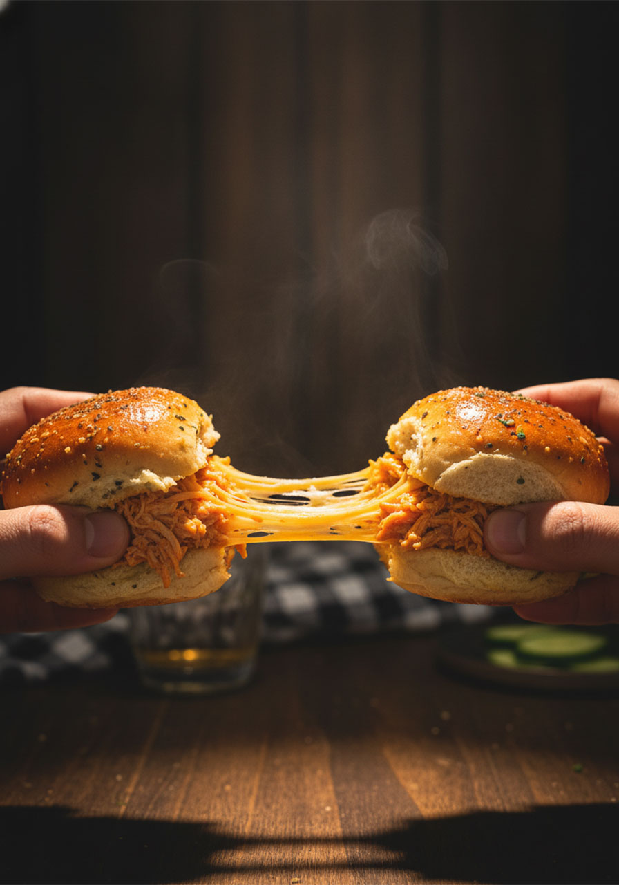 Close-up cheese pull from freshly baked buffalo chicken sliders showing melted Colby Jack stretching between two pulled-apart buns